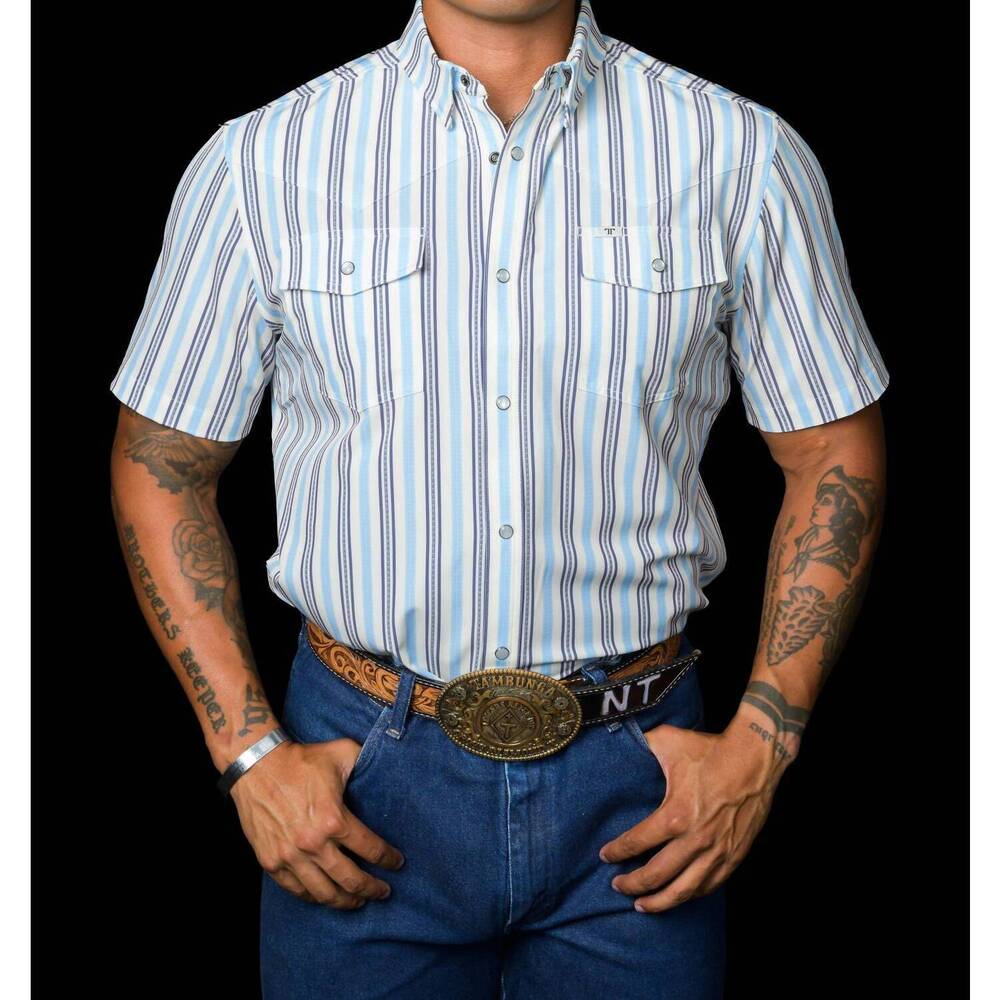 NEW FERRELL jake short sleeve snap top in blue